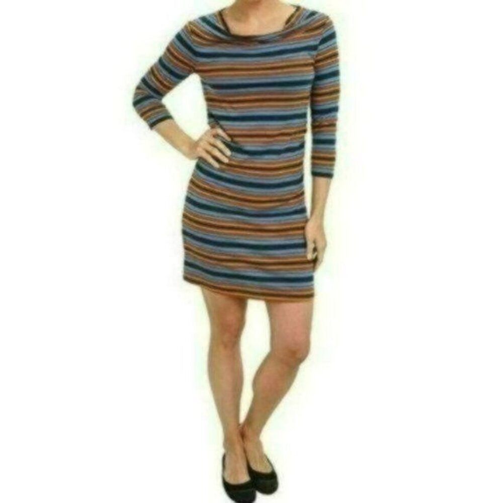 Patagonia Kamala Women's Medium Blue Orange Stripe Cowl Neck 3/4 Sleeve Dress